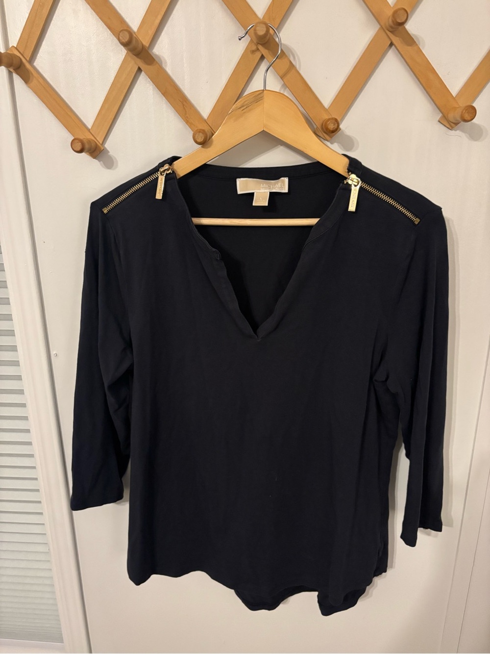 Michael Kors Black V-Neck Zip Shoulder Women's Top